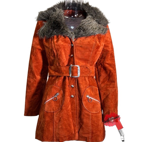 Vintage 70s Penny Lane Coat Women Small Orange Faux Fur Jacket - Picture 1 of 16